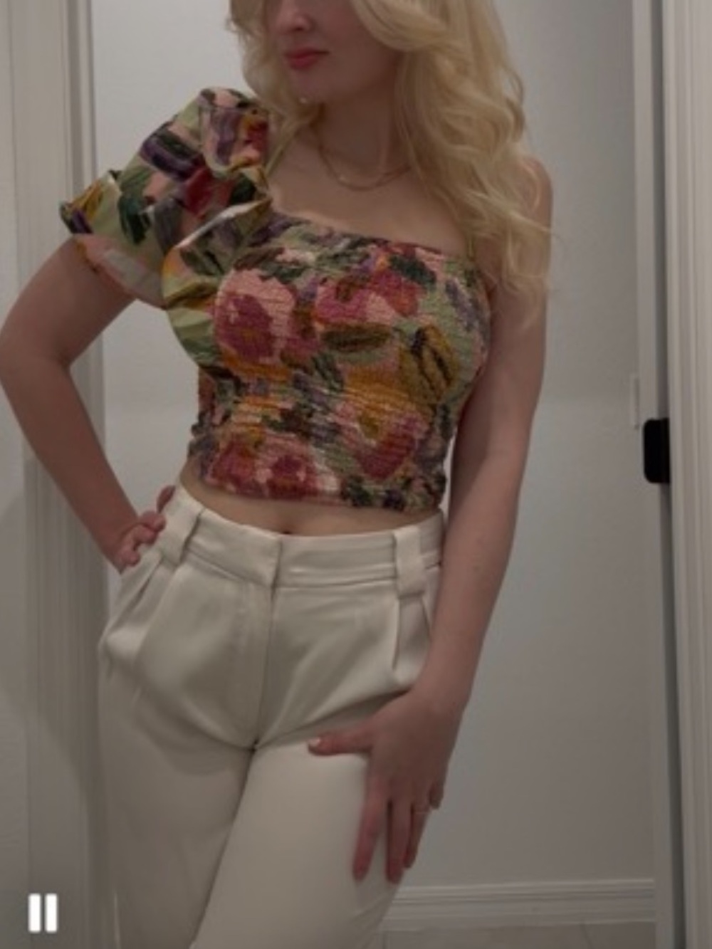 Zara Multicolor Floral One-Shoulder Smocked Crop Top